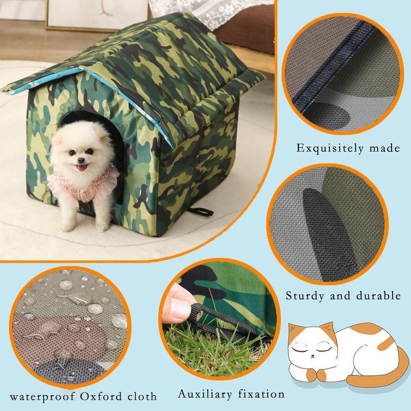 Outdoor Pet Dog Cat House with Pad and Door, Seasonal Universal Shelter for Small Cats Dogs, Washable and Sensory Bed for Outdoor Use