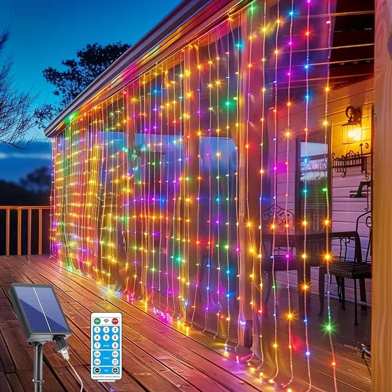 Solar Powered LED Curtain Light with Remote Control, 8 Light Modes Decorative String Light with Timer & Hook, Outdoor LED Decorative Light for Garden, Yard, Party, Wedding