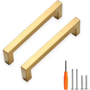 Pulls Gold Cabinet Handles Square Drawer Pulls, 10 Pack 5 Inch Stainless Steel Kitchen Door Cupboard Cabinet Handles, Drawer Hardware Handles, 128mm Hole Centers