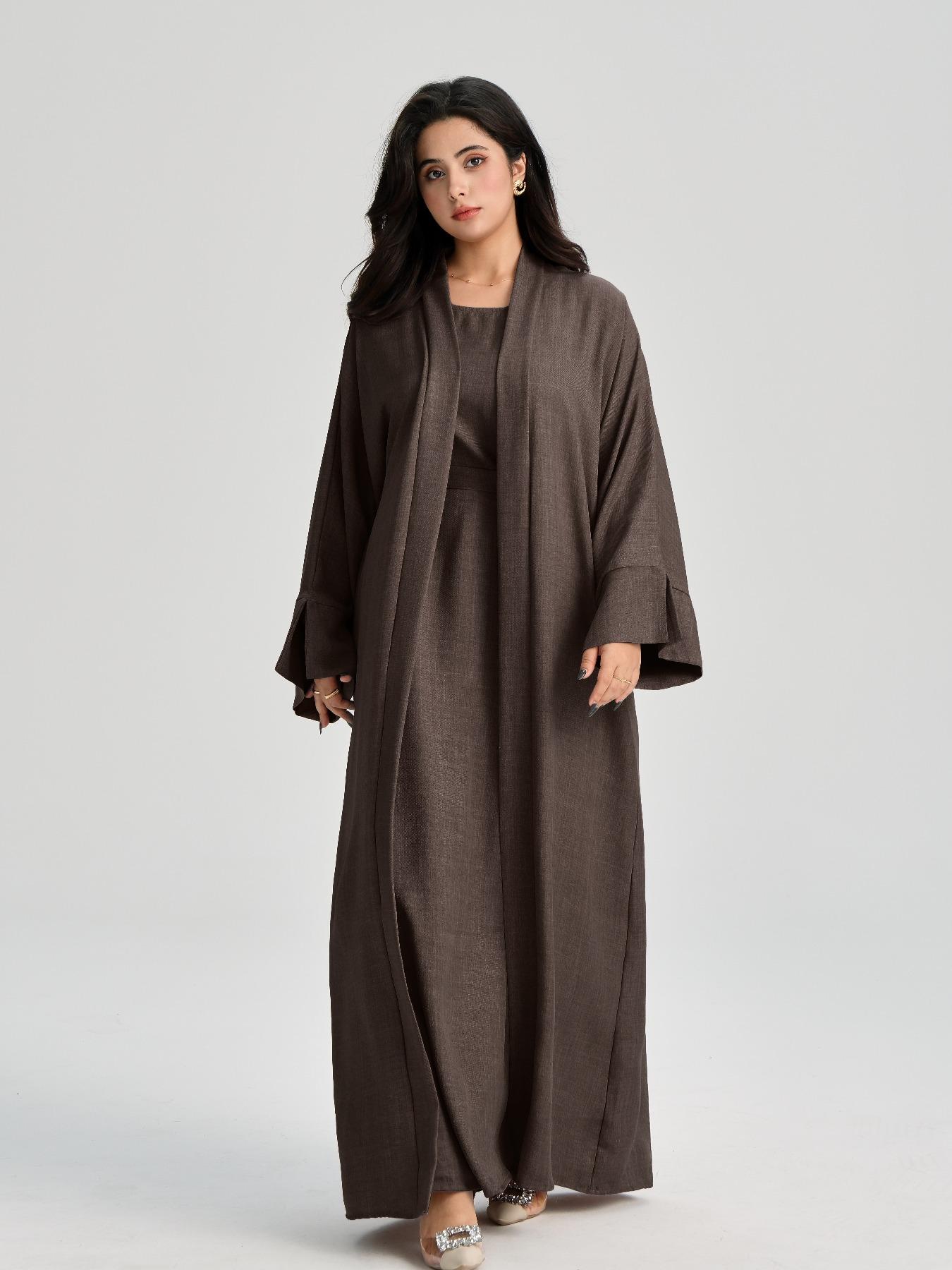 Women's Solid Color Belted Abaya & Dress Two-piece Set, Casual Long Sleeve Open Front Outerwear & Dress Set, Modest Muslim Outfits, Ladies Islamic Clothing for All Seasons