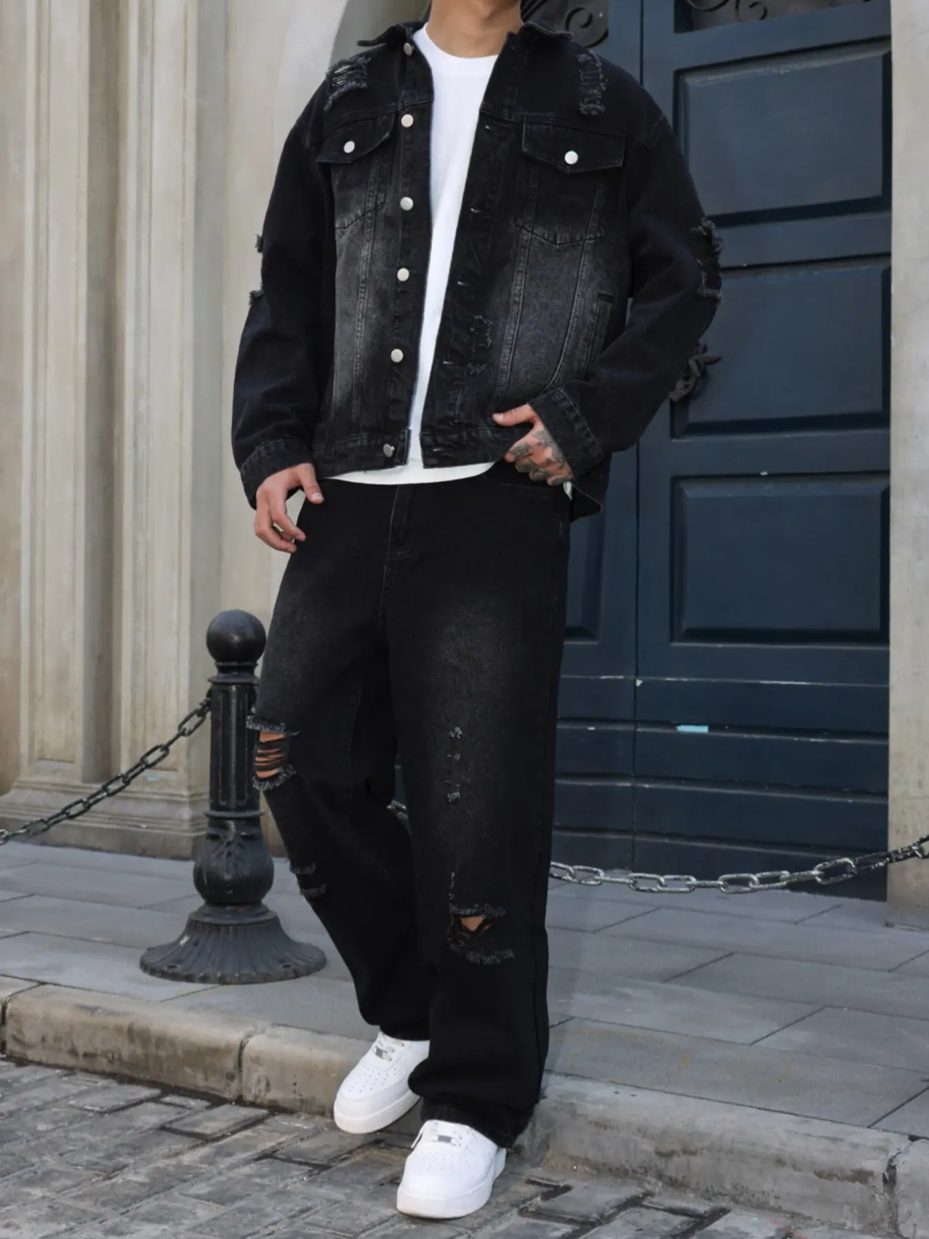 Men Denim 2 Pieces Set, Outfit, Casual Jacket and Loose Fit Wide Leg Pants, Spring/autumn Streetwear, Slim-Fit Jeans for Men