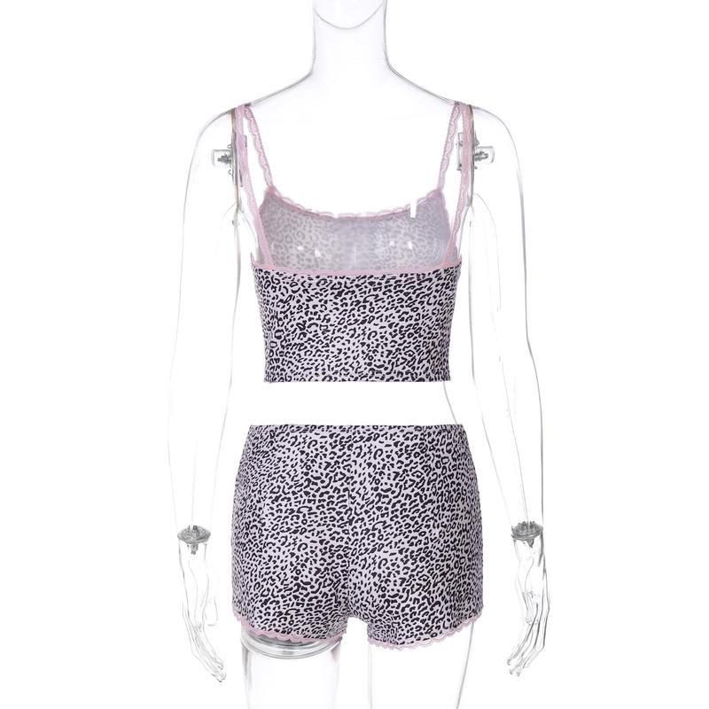 Sexy Casual Leopard Print Cami Top & Mid Waist Shorts Two Piece Set Contrast Lace Straps Trim for Women Summer Beach Vacation Outfits Party Dating Y2K Bodycon Suits