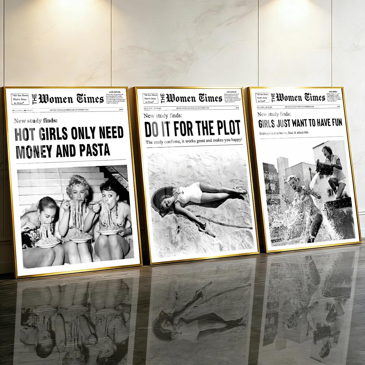 3 Counts Aluminum Alloy Framed Painting, Vintage Women Newspaper Poster Set, Home Decoration For Living Room, Bedroom, Office, Restaurant, Hallway Wall Decor, Odorless Print Artwork, Luxury Perfect Gift For Friends And Family