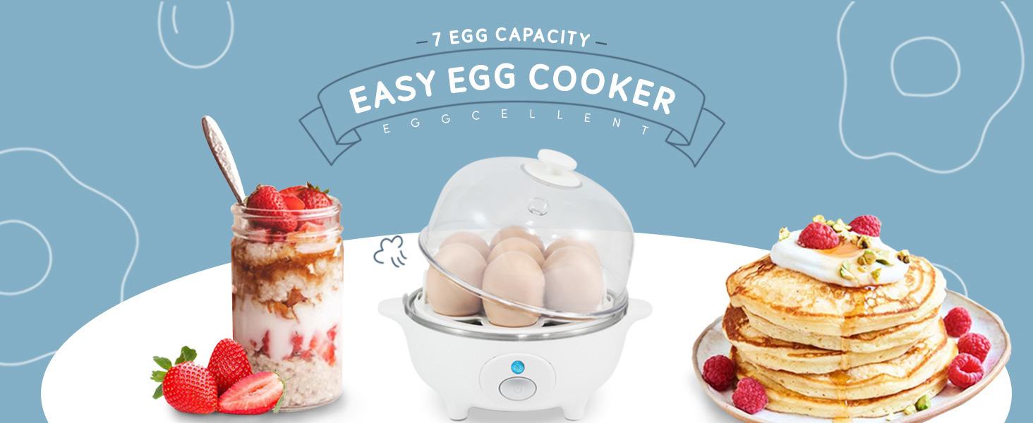 Rapid Egg Cooker, 7 Easy-To-Peel, Hard, Medium, Soft Boiled Eggs, Poacher, Omelet Maker, Auto Shut-Off, Alarm, 16-Recipe Booklet, White