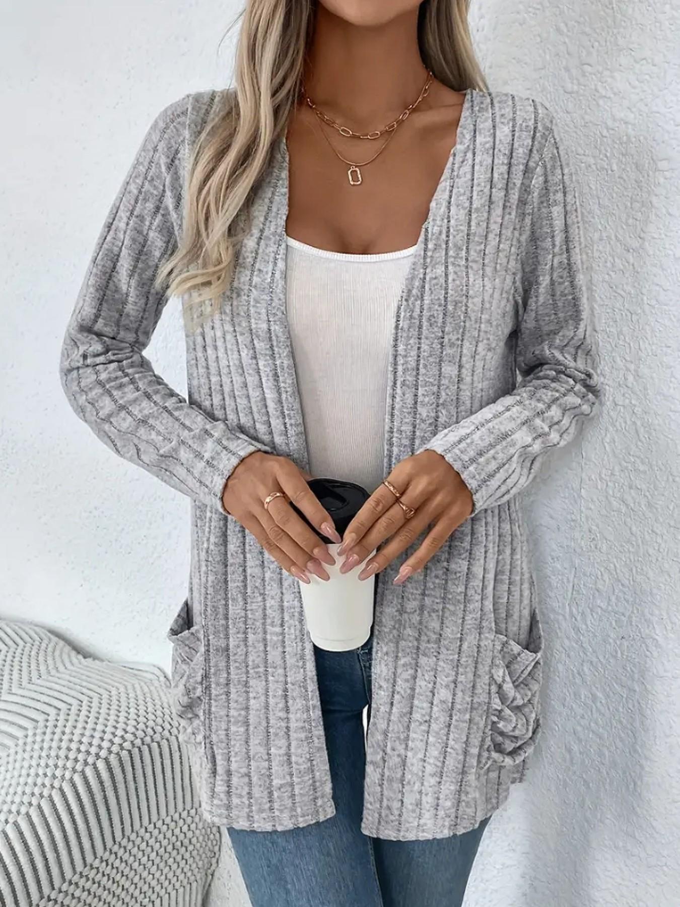 Women's Long Sleeve Loose Knit Cardigan with Pockets, Comfortable Front Open Coat, Casual Wear, Perfect for Everyday, Knitwear effortless breezy figure flattering all day comfort