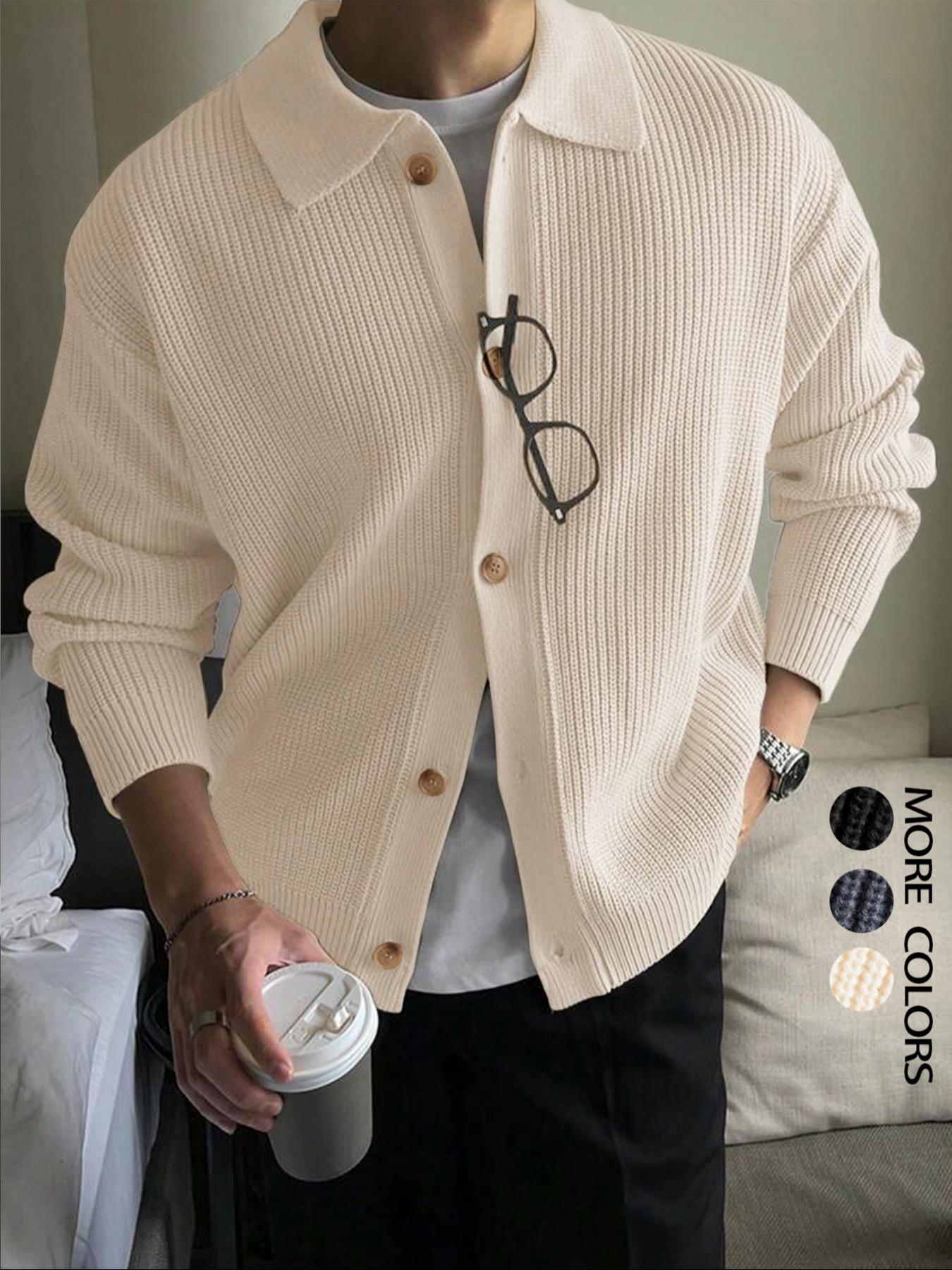 Autumn Winter Thick Knit Sweater Coat, Casual Unisex Cardigan, Lapel Long Sleeve Polo Shirt, Moderate Fabric, Fitted Style, Knitwear