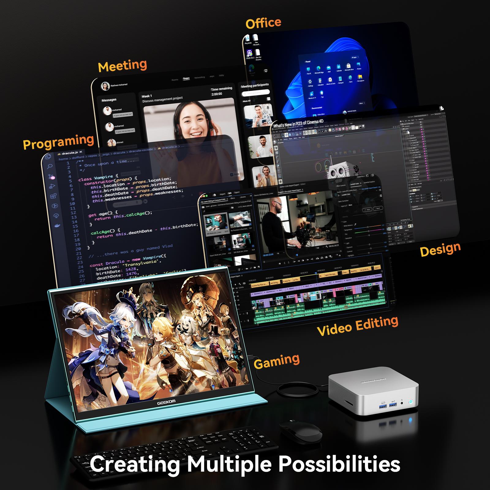 GEEKOM A8 MiniPC Ryzen 7 8745HS Cpu + Radeon 780M  16GB DDR5, 1TB NVMe SSD | 8K UHD, USB4, 2.5G LAN, 4 Displays | WiFi 6E, BT5.2 | Windows 11 Pro Mini Desktop Computer for Business, Home Office & Family