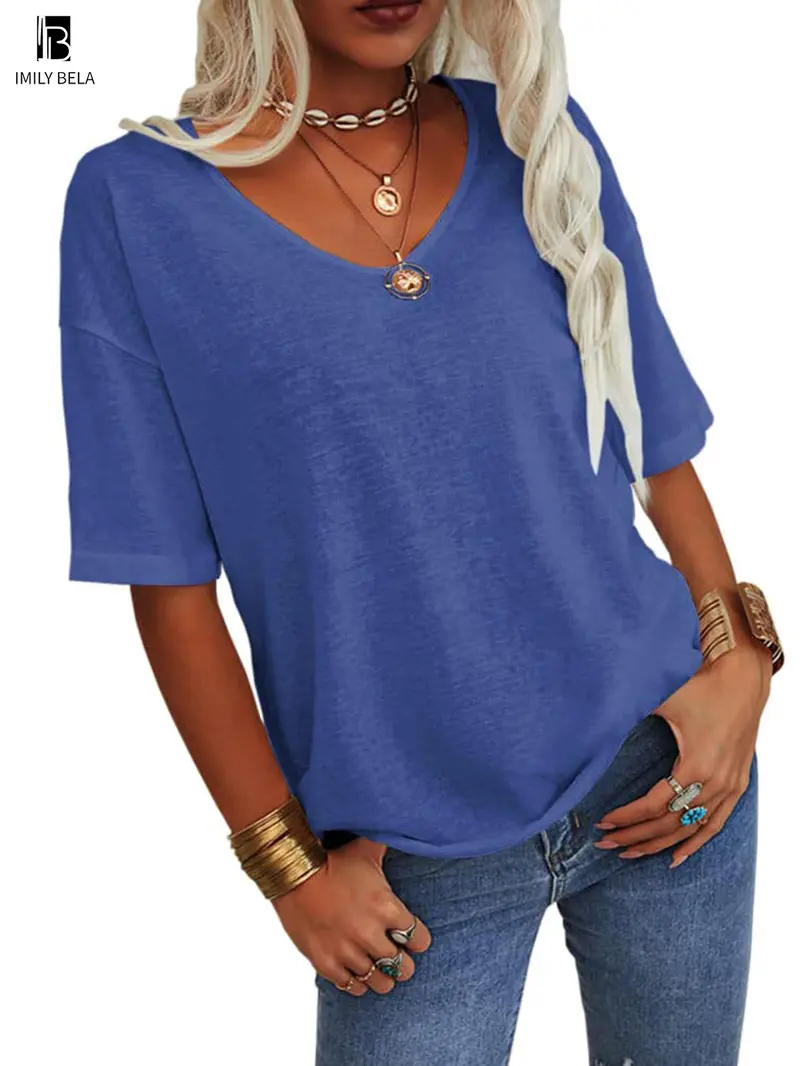 Women's Plain V Neck Drop Shoulder Tee, Casual Chic Minimalist Solid Color Half Sleeve T-shirt for Summer, Women's Basic Top for Daily Wear