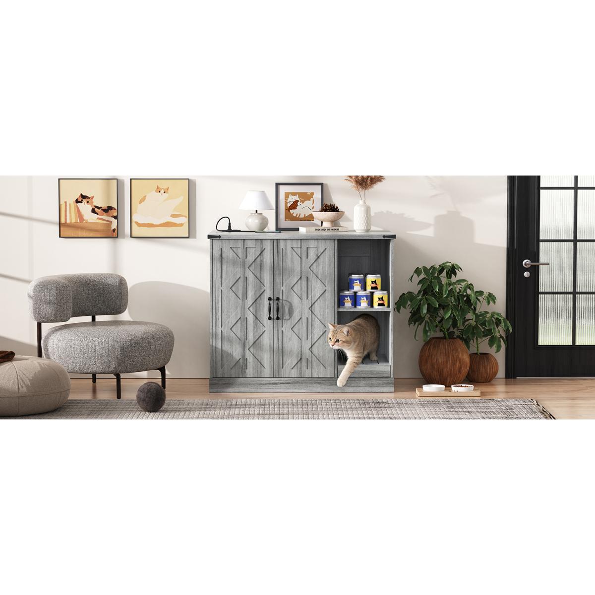 Cat Litter Box Cabinet with Power Outlet, Modern Litter Box Furniture for Large Automatic Litter Boxes, Hidden Litter Box Enclosure with Litter Catcher, Adjustable Storage Shelves, Gray