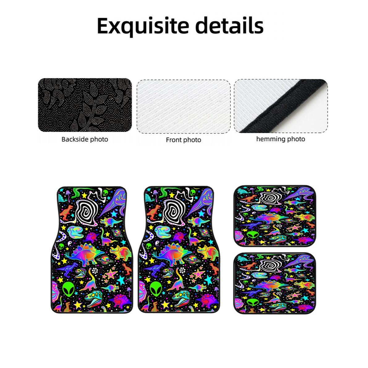 4pcs Y2K Neon Dinosaur Alien Car Floor Mats, Anti-Slip Polyester, Durable Absorbent, Easy to Clean, Suitable for Trucks Vans Suvs