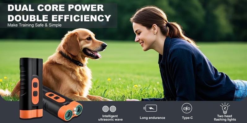 Dog Barking Deterrent Rechargeable, Anti-Barking Tool for Dogs, Ultrasonic Dual Emitter 50ft Security Correction Tool Control Dog Barking 25KHz, Trainer Barking Silencer Indoor and Outdoor with Flashlight