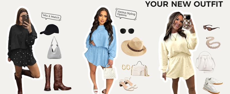 Fisoew Womens Casual 2 Piece Outfits Decor Pearl Long Sleeve Sweatshirt and Fall Loose Skort Mini Skirt Sets Womenswear Crewneck Clothes #Springtok #ValentinesDay