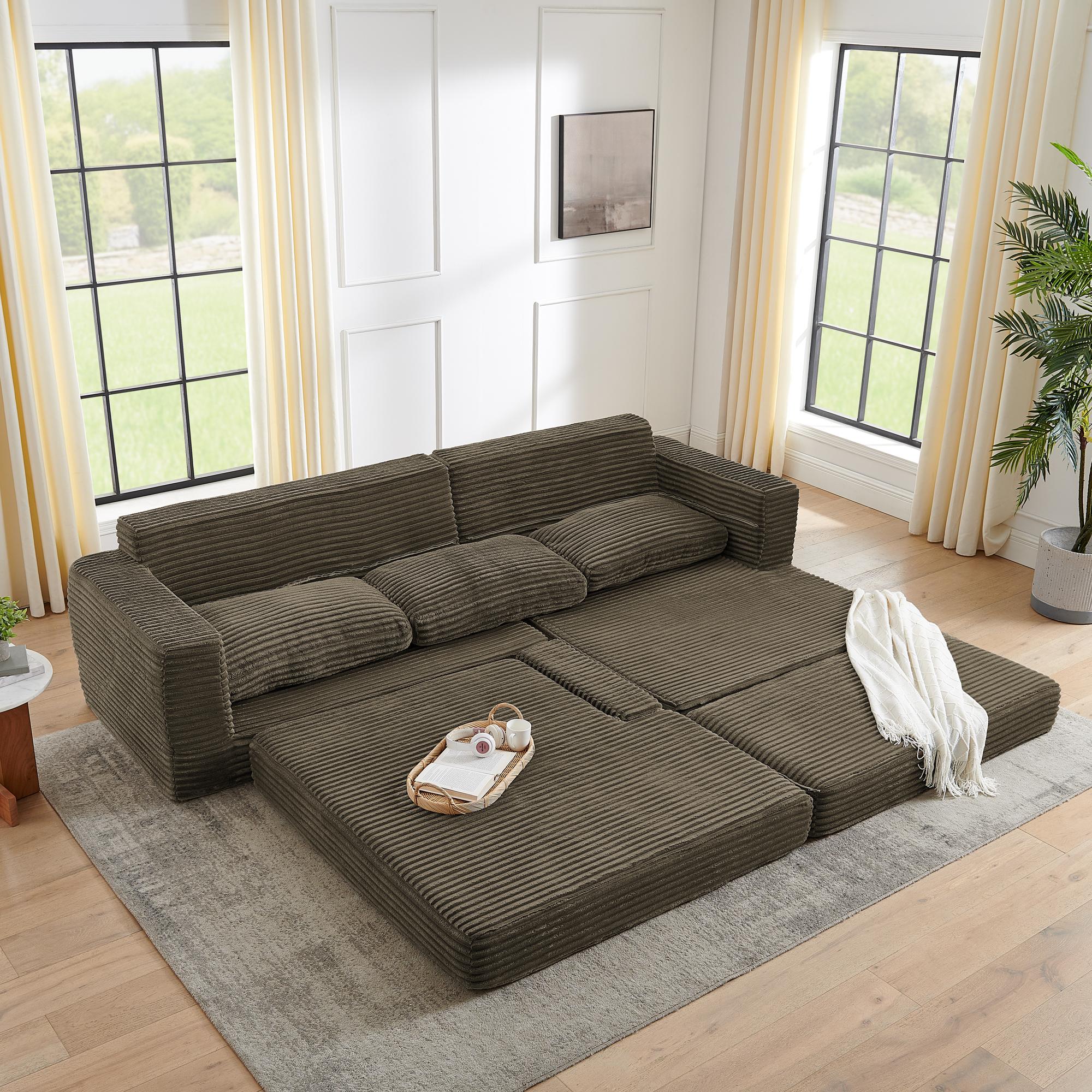 Niccae Right Seat L-Shaped Sectional Sofa,Compressed Corduroy,Modern Minimalist,Converts to Bed,Space-Efficient,sectional couch (2 Packages Shipping)
