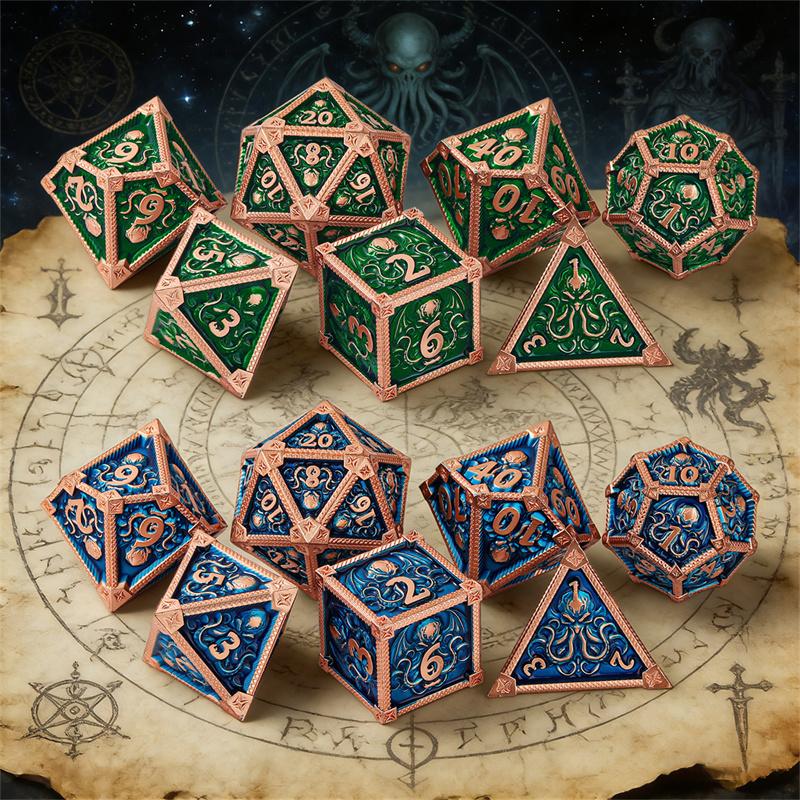 7-Piece Cthulhu Octopus Theme Dice Set, Metal Polyhedral Large Gaming Dice, Rpg Accessories with Portable Velvet Bag, Indoor Board Game Props