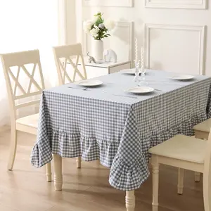 Dust Blue White Plaid Ruffled Table Cloth Rectangular for Seat 8-10, 100% Washed Cotton Buffet Cottage Coquette Checker Gingham Vintage Decorative Tablecloth - 120"x60"