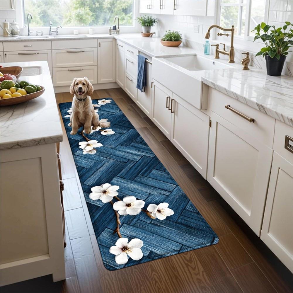 1PC， Blue and White Magnolia Branch Pattern strip rugs, home décor, bathroom mats, entryway mats, bathroom non-slip mats, indoor entrance rugs, bedroom bedside mats, kitchen mats, hallway rugs, flannel sponge rugs, hallway runner rugs
