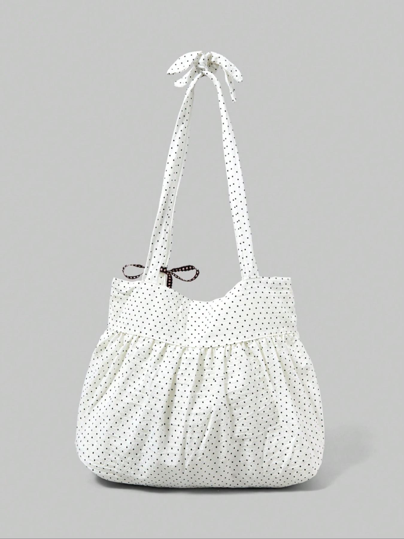 Sweet Cute Bow Vintage Heart Ladies Shoulder Bag, Simple Polka Dot Summer Floral Note Large Capacity Tote, Fits Laptop, Ideal for Daily Commute