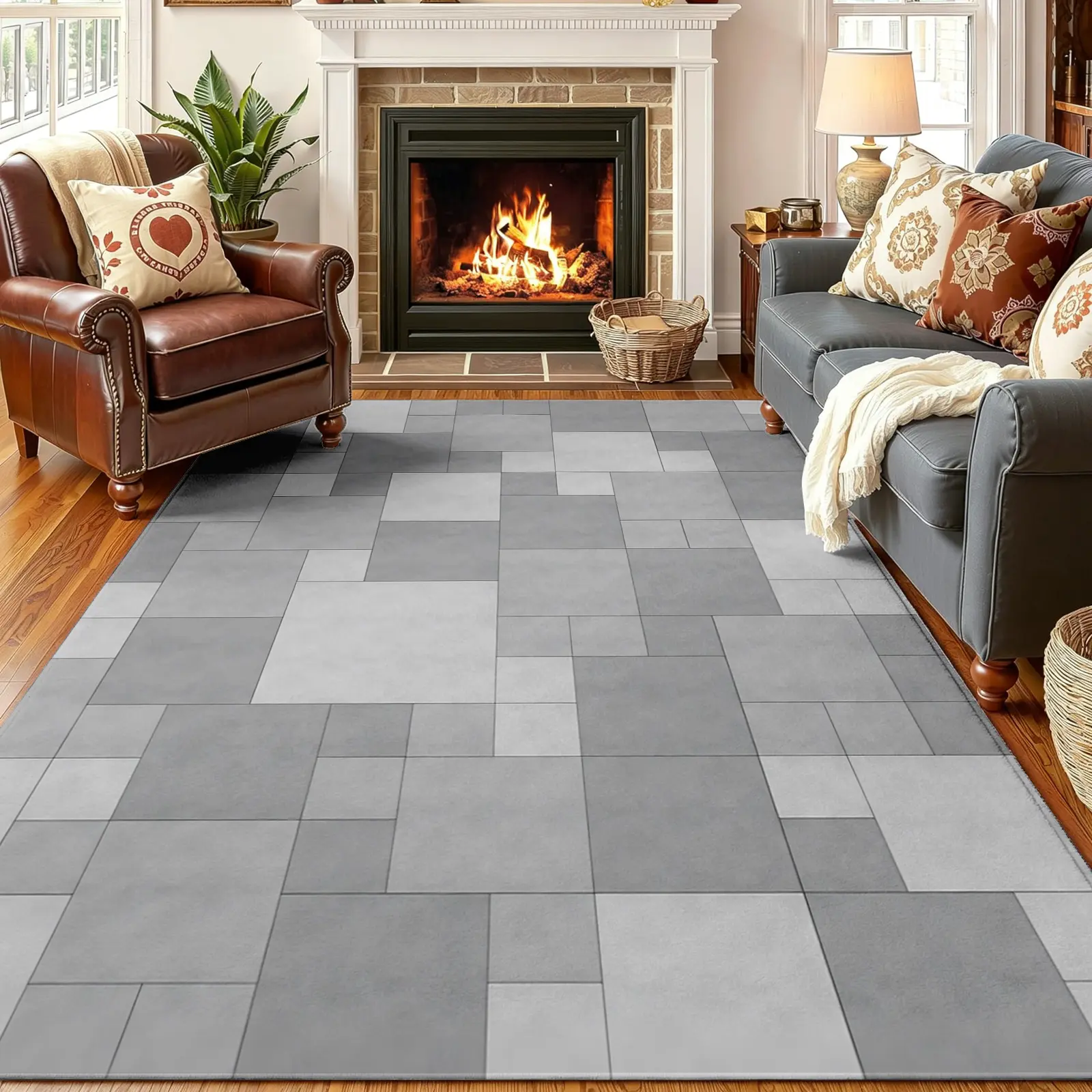 Modern Geometric Tile Area Rug – Soft Low-Pile Machine Washable Non-Slip Backing, 8x10 Cozy Living Room Carpet, Bedroom Rugs, Dining Room Carpet, Office Rugs & Neutral Home Decor Rugs, Holiday Housewarming Gift