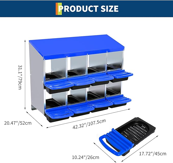 Chicken Nest Box, Rollaway Chicken Nesting Box, 2-Tiers Large Mental Hen Roll-Off Layer Box with Extra Large Openings, Resting Platform, Waterproof Sloped Roof, Easy Clean Removable Tray