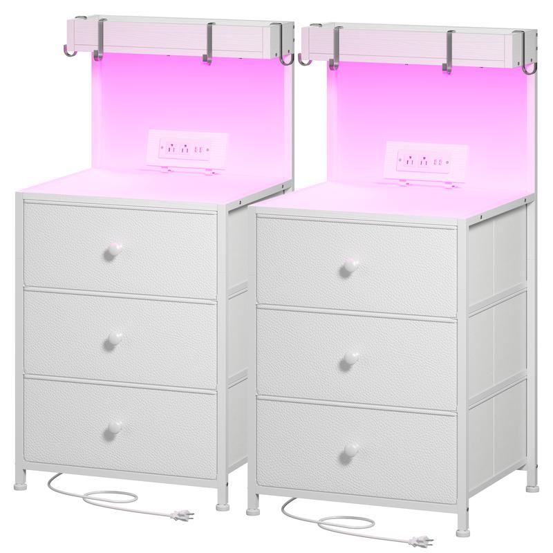 LED Nightstand Set of 2 with 3 Fabric Drawers & Shelf & Hooks, Tall Nightstand with LED & Power Outlet , End Table with Charging Station, Bed Side Table for Bedroom Furniture, White, Black, Rustic Brown