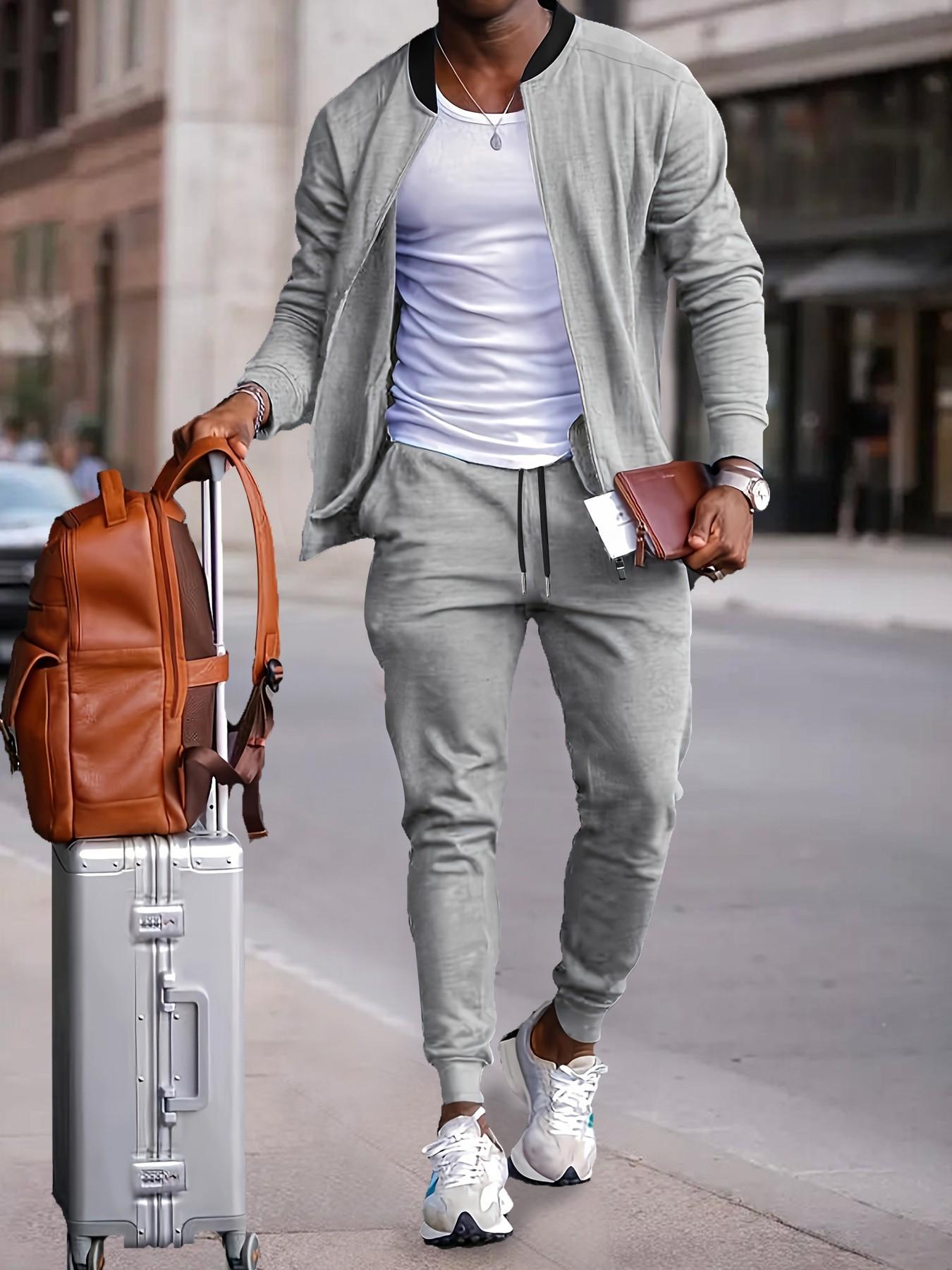 Men's Light Gray 2-Piece Loungewear Set - Zip-Up Bomber Jacket with Ribbed Collar & Drawstring Jogger Pants, Soft Breathable Fabric, Relaxed Fit for At-Home Lounging, Lazy Weekends & Casual Evenings