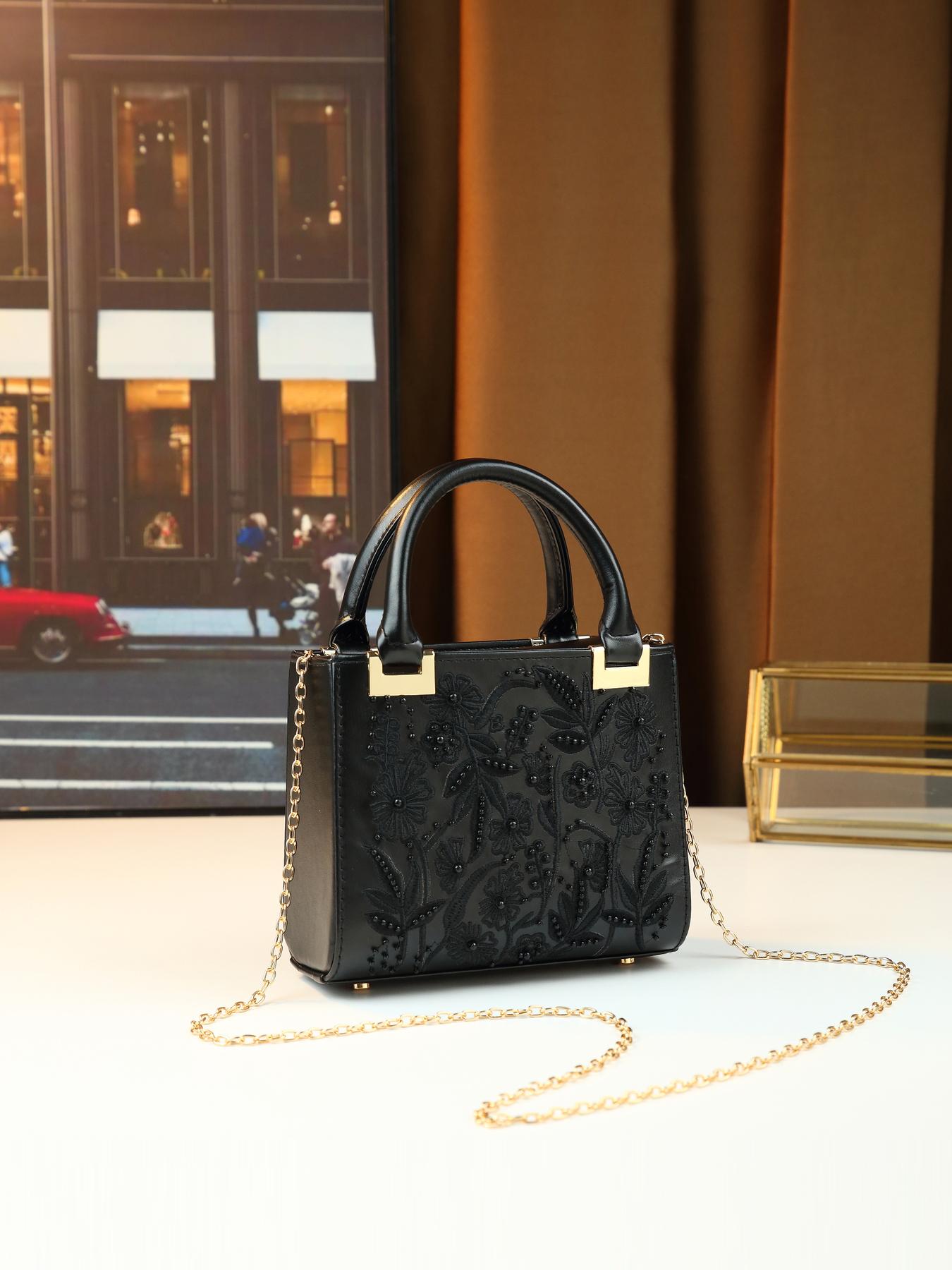 Heavy-duty beaded floral design embroidered small square bag, elegant versatile date shoulder crossbody bag