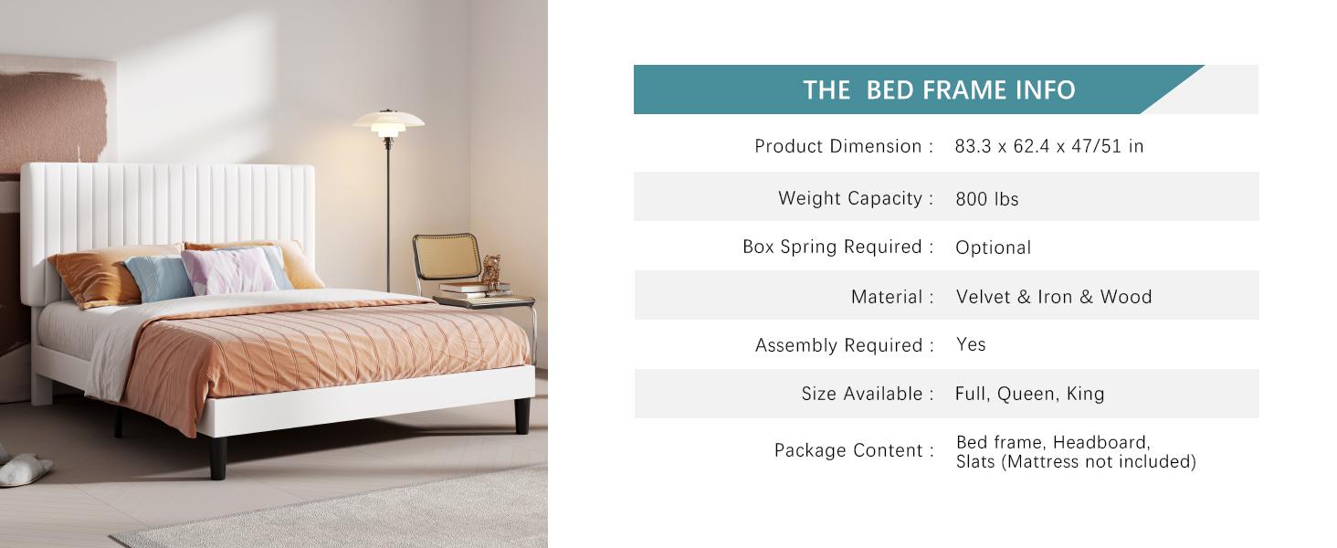 HOOMIC Modern Velvet Upholstered Platform Bed Frame【Frame Only No Mattress】with Adjustable Vertical Channel Tufted Headboard,Wooden Slats Support,Full/Queen/King,No Box Spring Needed