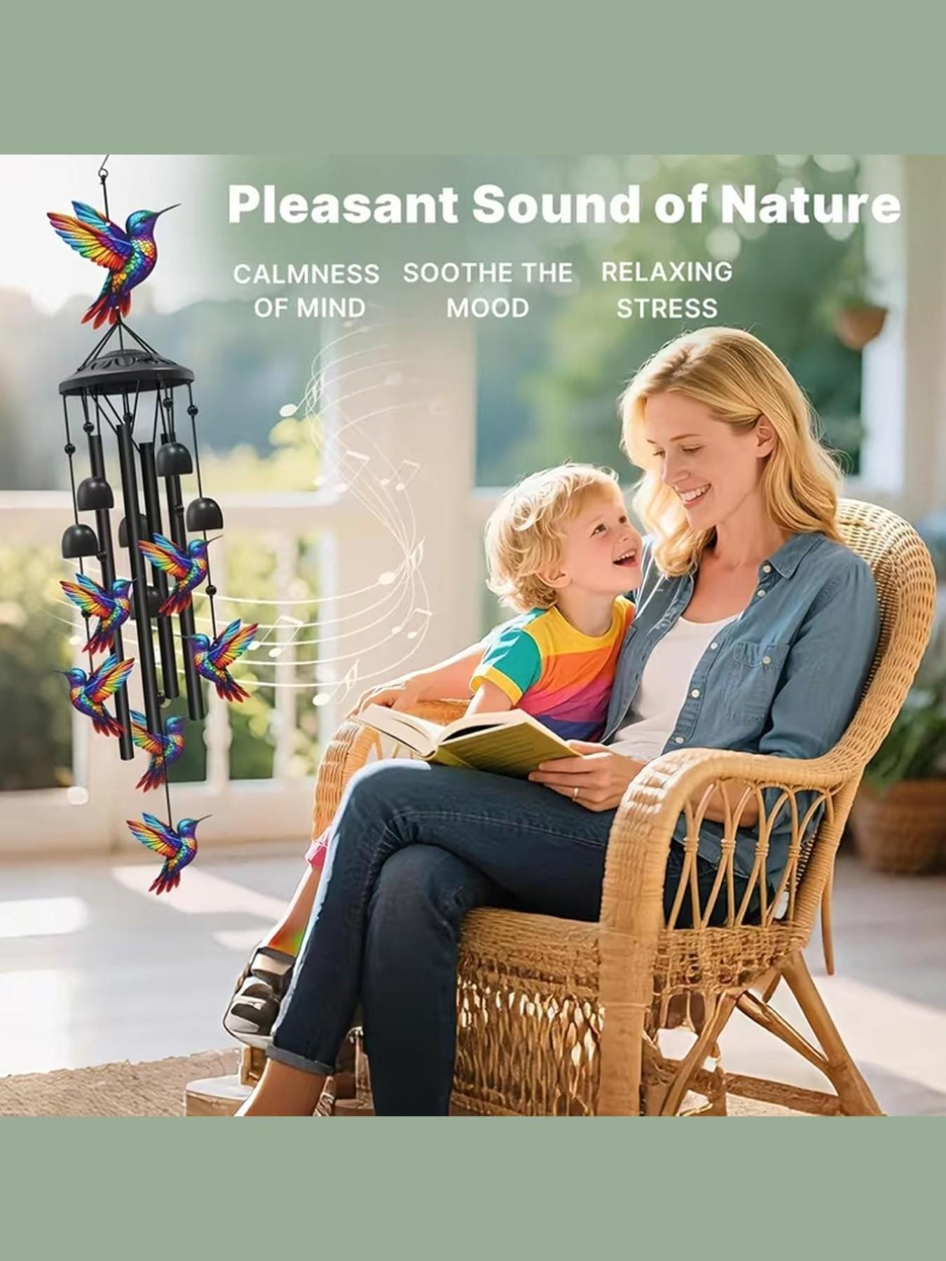 36-Inch Outdoor Hummingbird Wind Chime, Metal Garden Pavilion Decoration, Durable, Gift for Men Women, with Greeting Card