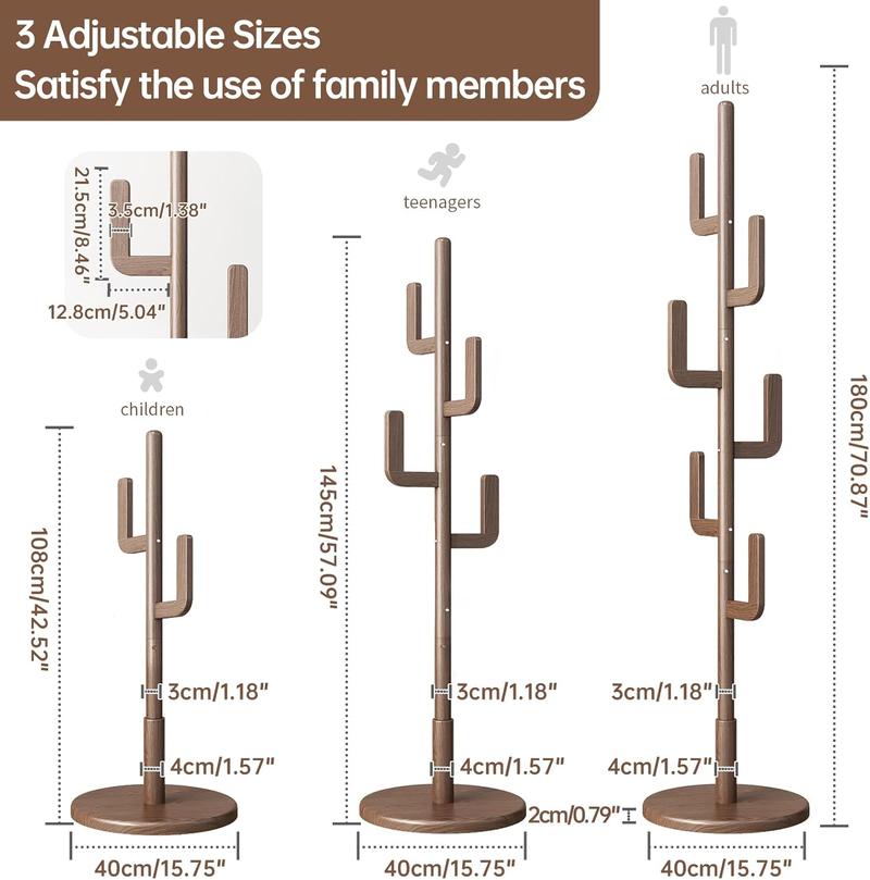 【Summer】Solid Wood Cactus Coat Rack Freestanding, Adjustable Height Wooden Coat Rack Stand with 6 Hooks, Unique Design Coat Tree for Entryway, Bedroom,Coats,Bags