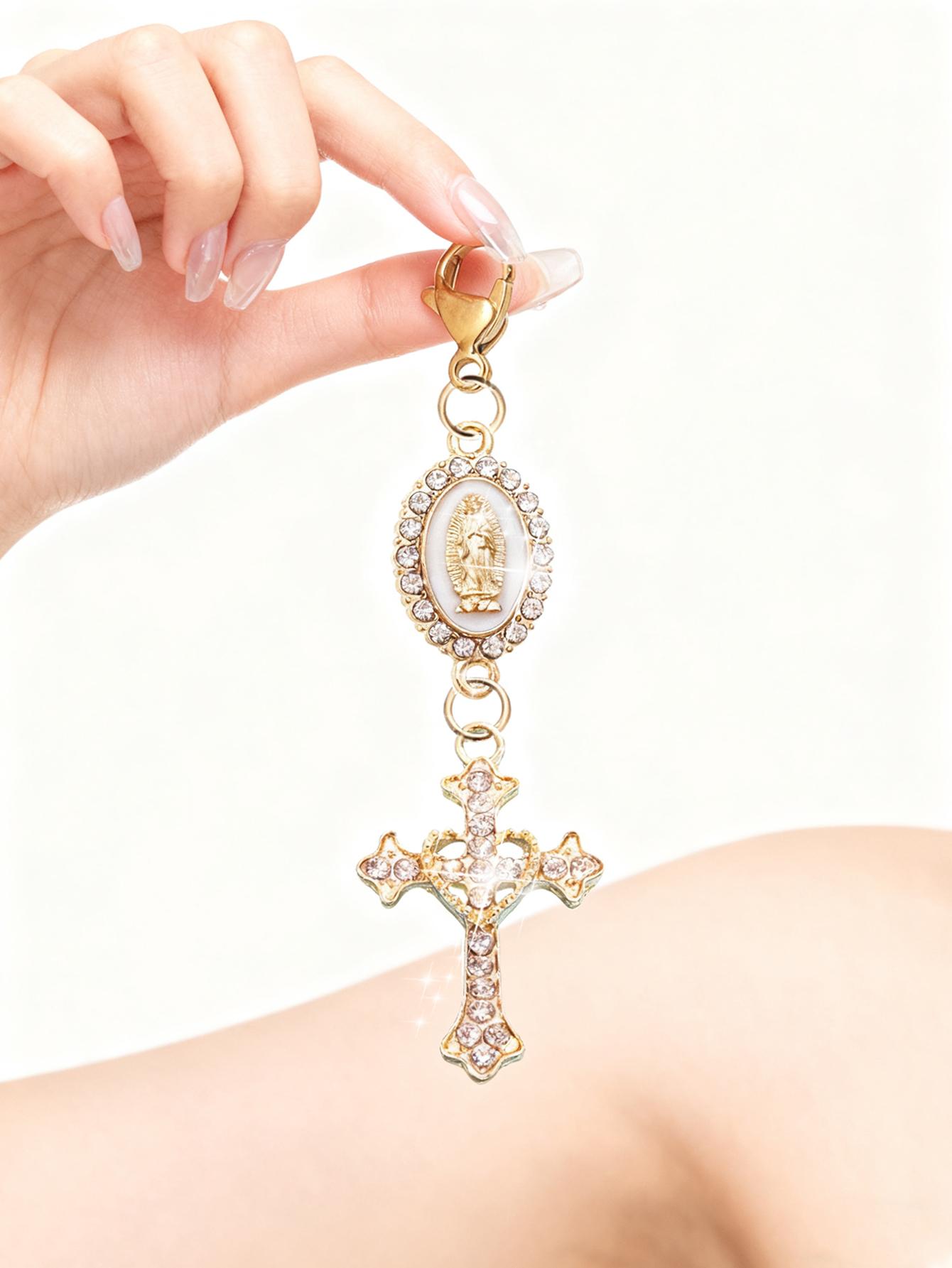 Christian Amulet Keychain With Love And Rhinestone Cross, Pendant Decorated With The Virgin Mary, Pearl And Diamond Amulet - Gothic Cross Keychain, Keychain For Bags, Bag Amulet, Cross Pendant, Decorative Wallet Backpack Accessories