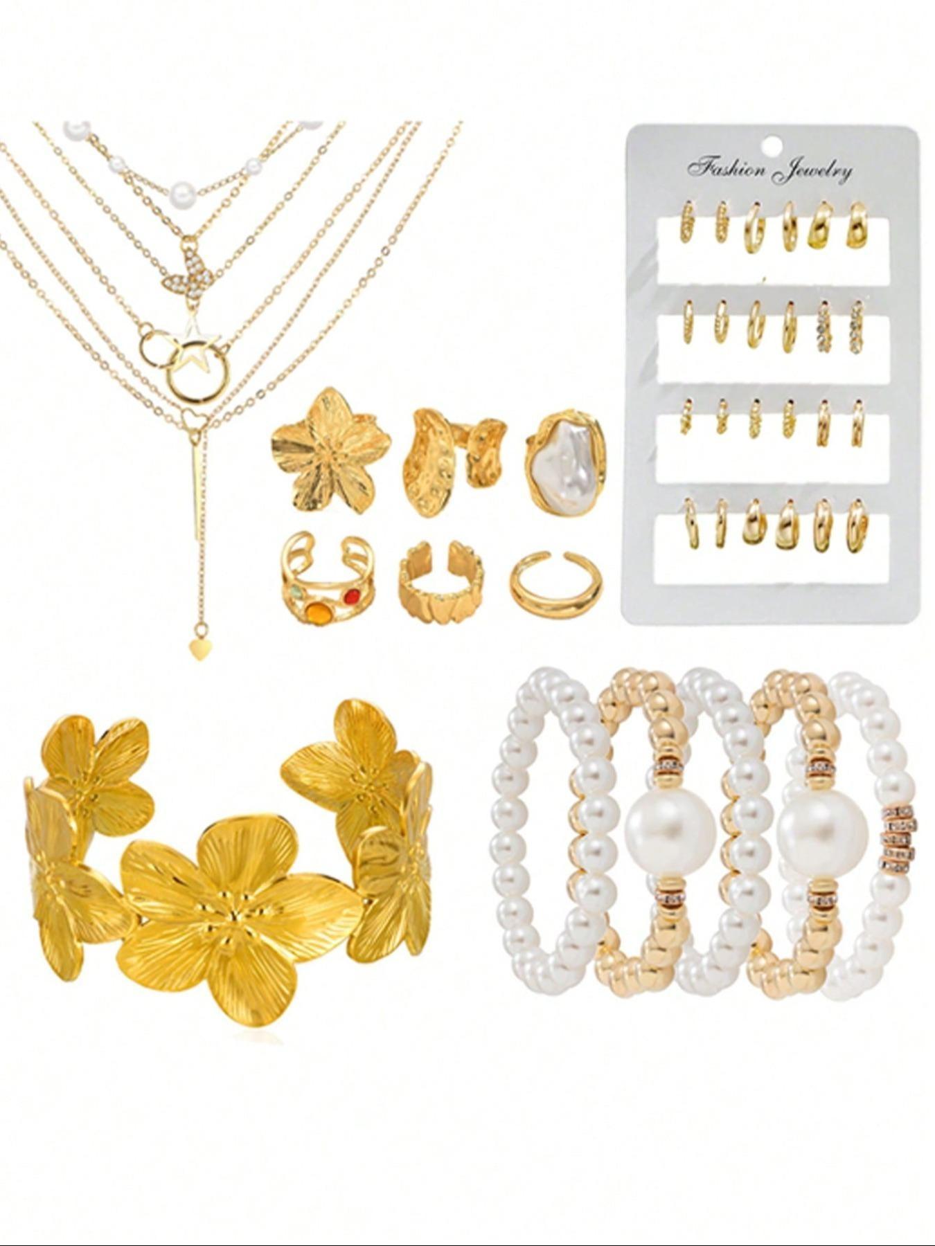 35/42/62/68/86 Pieces Elegant Vintage Fashion Matching Jewelry Set, Featuring Layered Y-Shaped Necklace, Earrings, Rings, Bracelets, Unique Floral & Geometric Designs for Everyday & Party Wear