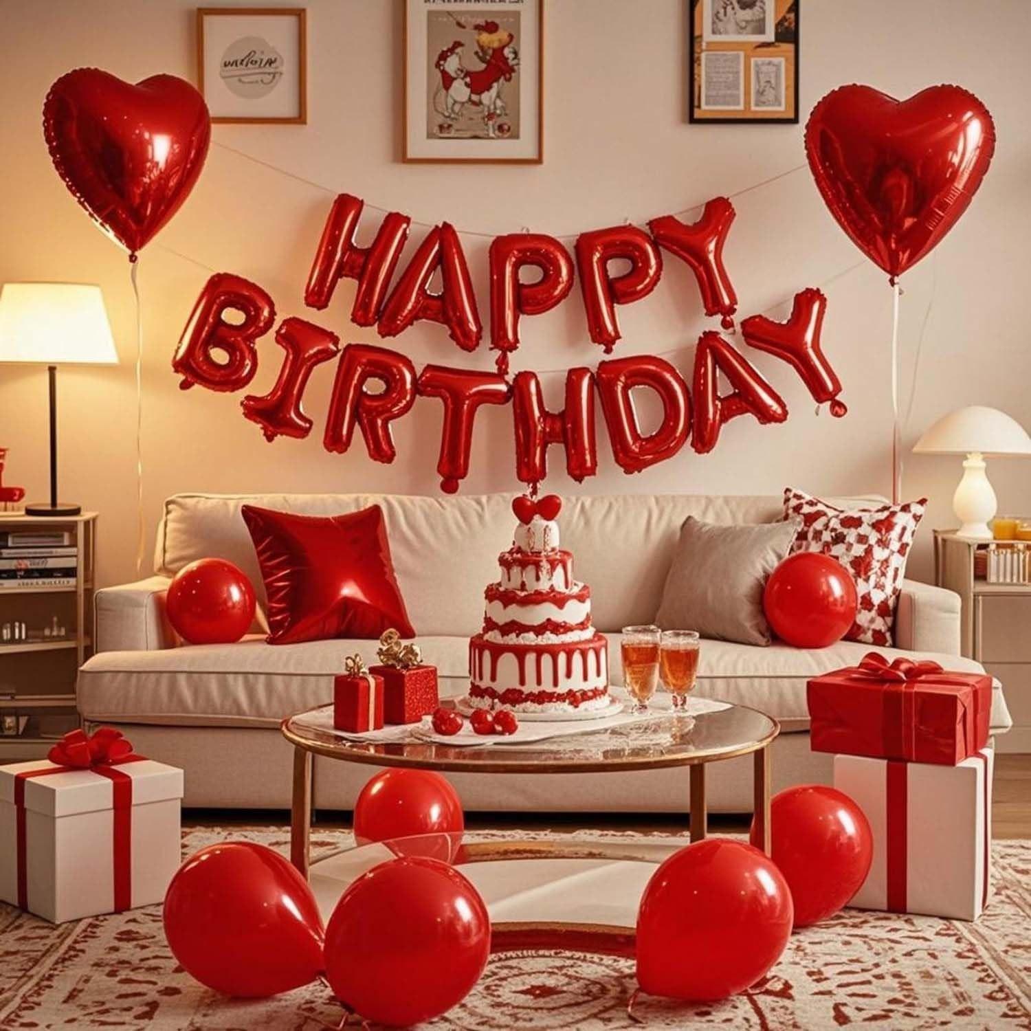 29 Pcs Red Birthday Decorations, 3D Foil Red Happy Birthday Balloon Banner, Pentagram Heart Foil Balloons Confetti Balloons Kit For Boys Girls Birthday Party Supplies