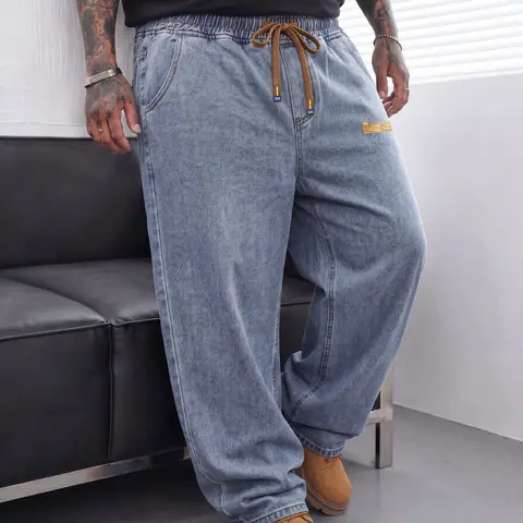Men's Plus Size Wide Leg, Relaxed Fit Jeans with Elastic Waist, 3 Colors Available: Dark Blue, Black. Soft, Stretchy & Comfortable Baggy Fit Denim Pants for Tall Big Men, Ideal for Daily Casual Looks and Loungewear, Year-Round Wear