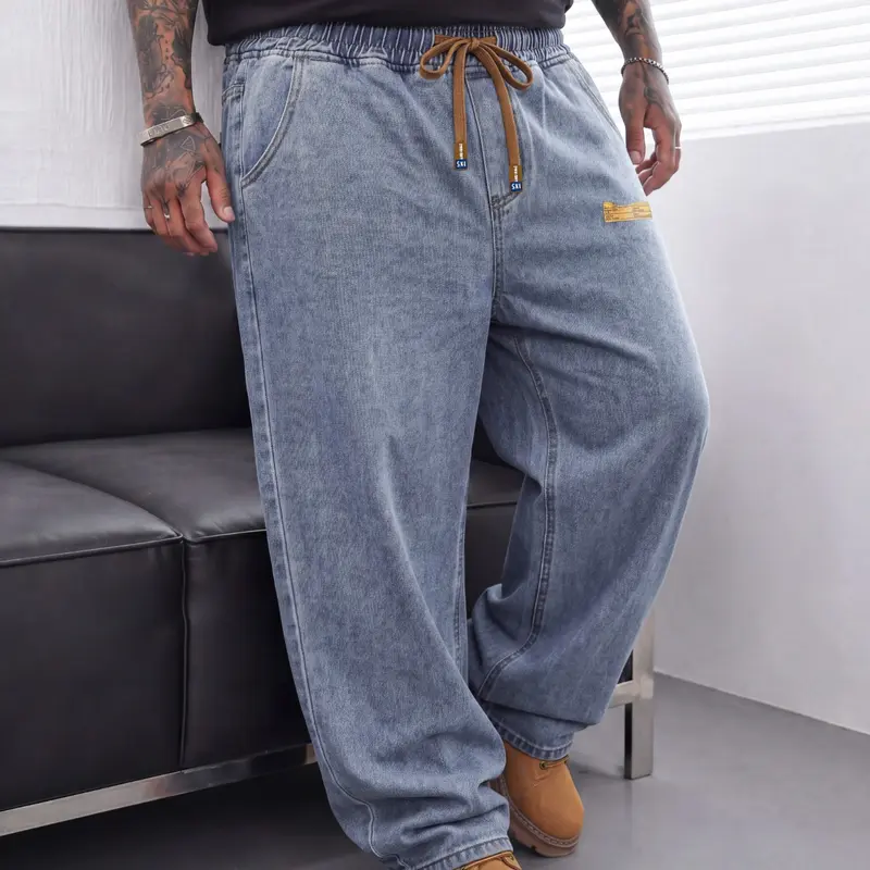 Men's Plus Size Wide Leg, Relaxed Fit Jeans with Elastic Waist, 3 Colors Available: Dark Blue, Black. Soft, Stretchy & Comfortable Baggy Fit Denim Pants for Tall Big Men, Ideal for Daily Casual Looks and Loungewear, Year-Round Wear