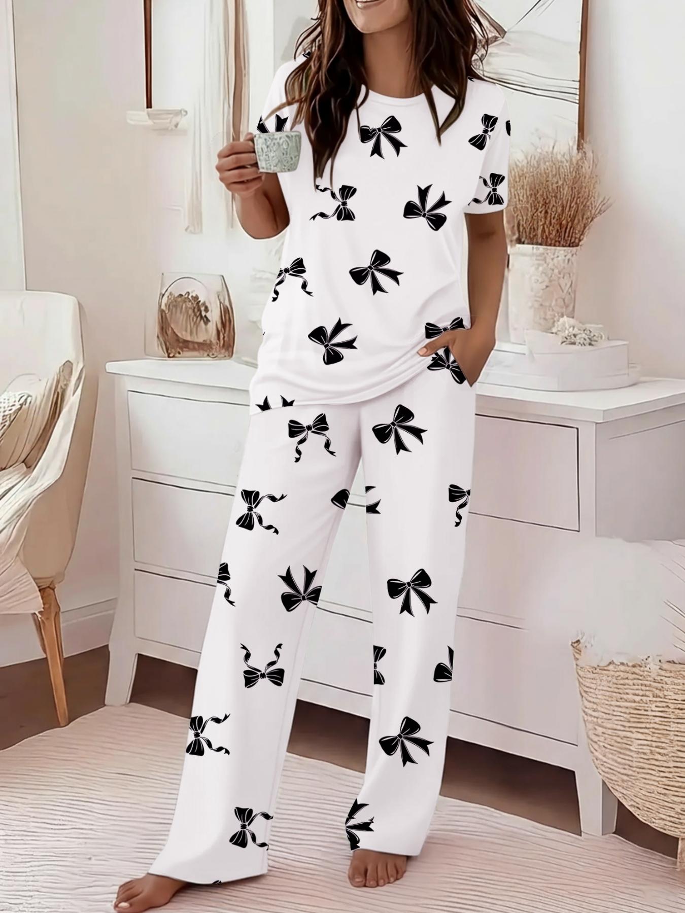 Women's Casual Printed Round Neck Short Sleeve Top & Gradient Print Pants Set, Soft Comfortable Loose Fit Set for Daily Wear