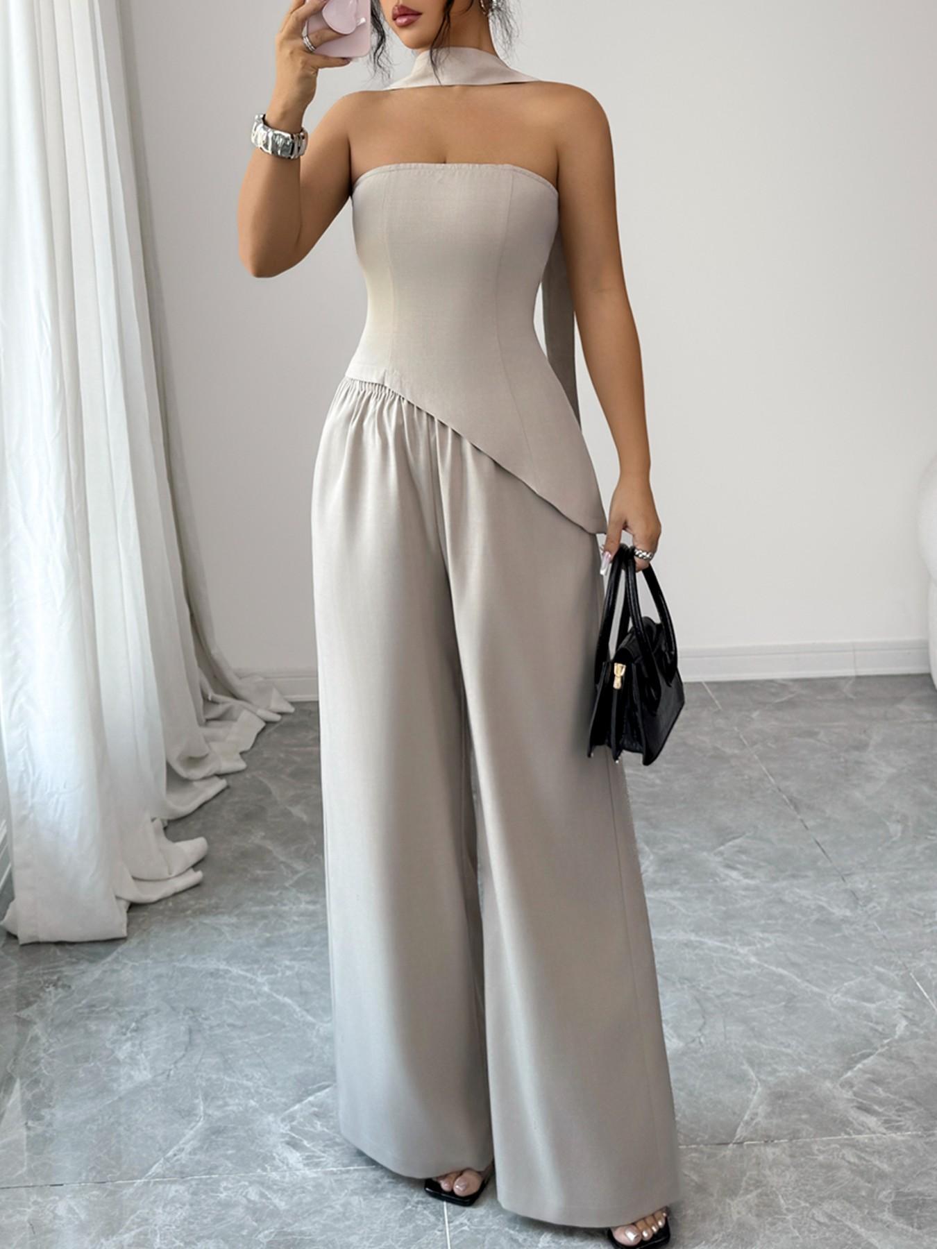 Design Sensational Pure Color Irregular Hem Halter Top Set with Draped Belt & Long Pants, Casual Two-Piece for Women