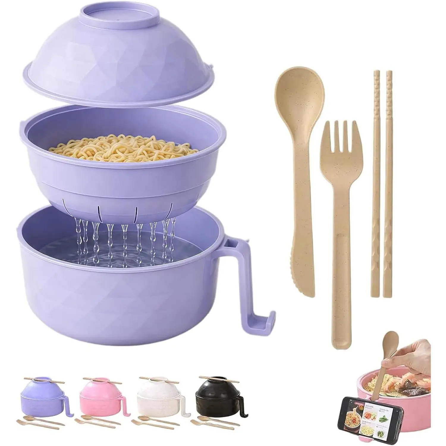Microwavable Pig Ramen Noodle Bowl With Strainer Lid Handle Spoon Fork Chopsticks Portable Tableware For Dorm Home Office Instant Noodle Utensils Mid Year Sale Restock Summer Gift