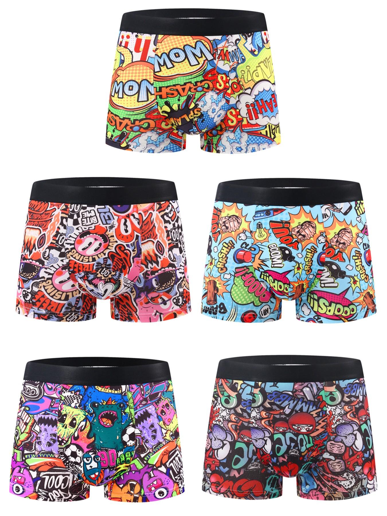 10-Pack Men's Cartoon Graffiti Print Boxer Briefs, Fun Random Patterns, Soft Comfortable, Slim-Fit, Casual Daily Wear, Youth Sports Style, Athletic Boxers Briefs, Novelty Boxer Briefs
