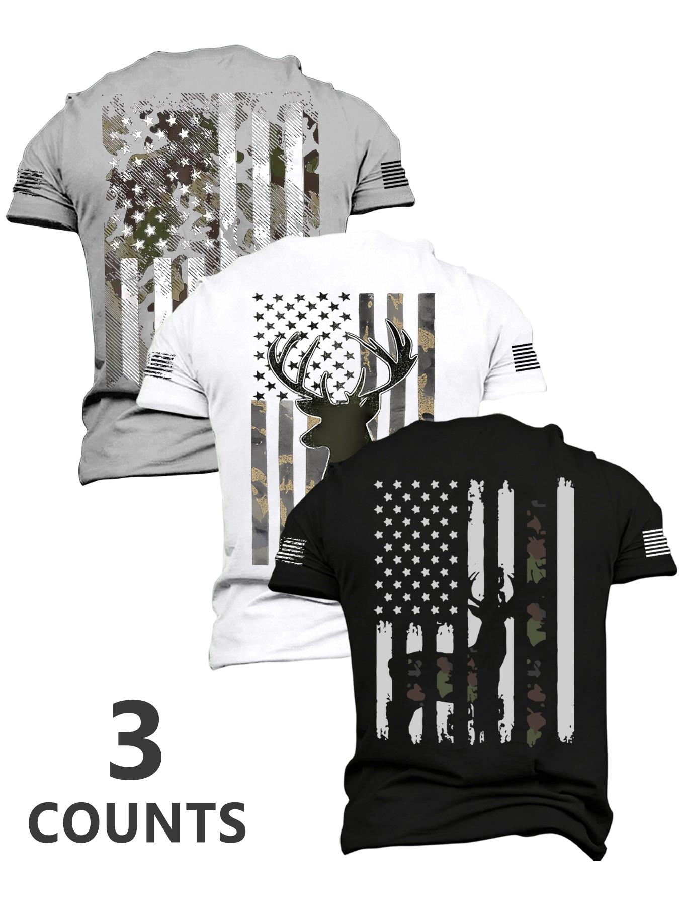 New Summer Men's Patriotic Style Deer & Flag Print T-Shirt Set Soft Breathable Short Sleeve Tees, Multiple Colors, Ideal Gift, Trendy Summer Tee