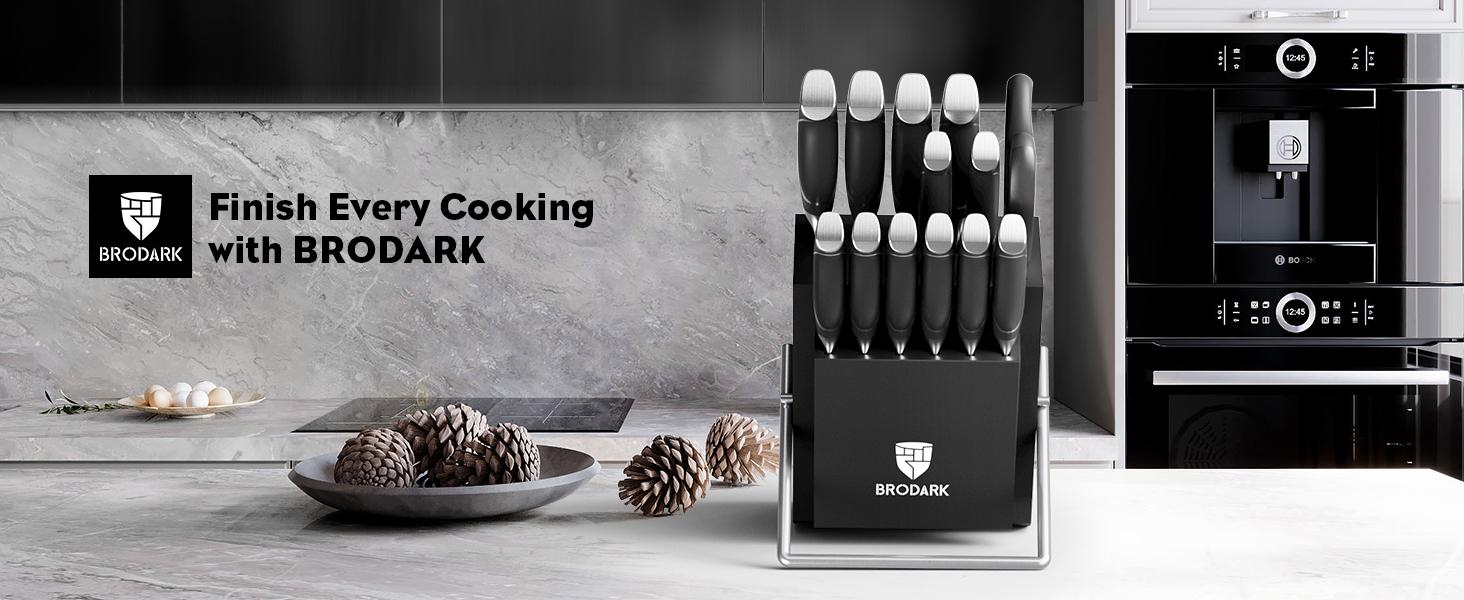 BRODARK Eclipse Series Kitchen Knife Sets with Block and Built-in Sharpener, 15 Pcs Full Tang Professional Chef Knife Set, NSF Certified Food Grade Stainless Steel Cutlery Set, Outdoorfun BRODARK Eclipse Series Kitchen Knife Sets with Block and Built-in Sharpener, 15 Pcs Full Tang Professional Chef Knife Set, NSF Certified Food Grade Stainless Steel Cutlery Set, Outdoorfun