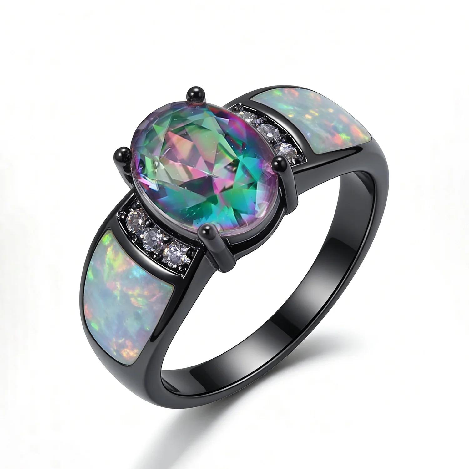 White K Plated Synthetic Fire Opal Colorful Zircon Fashion Jewelry For Women Cocktail Ring Anniversary Gifts for Her