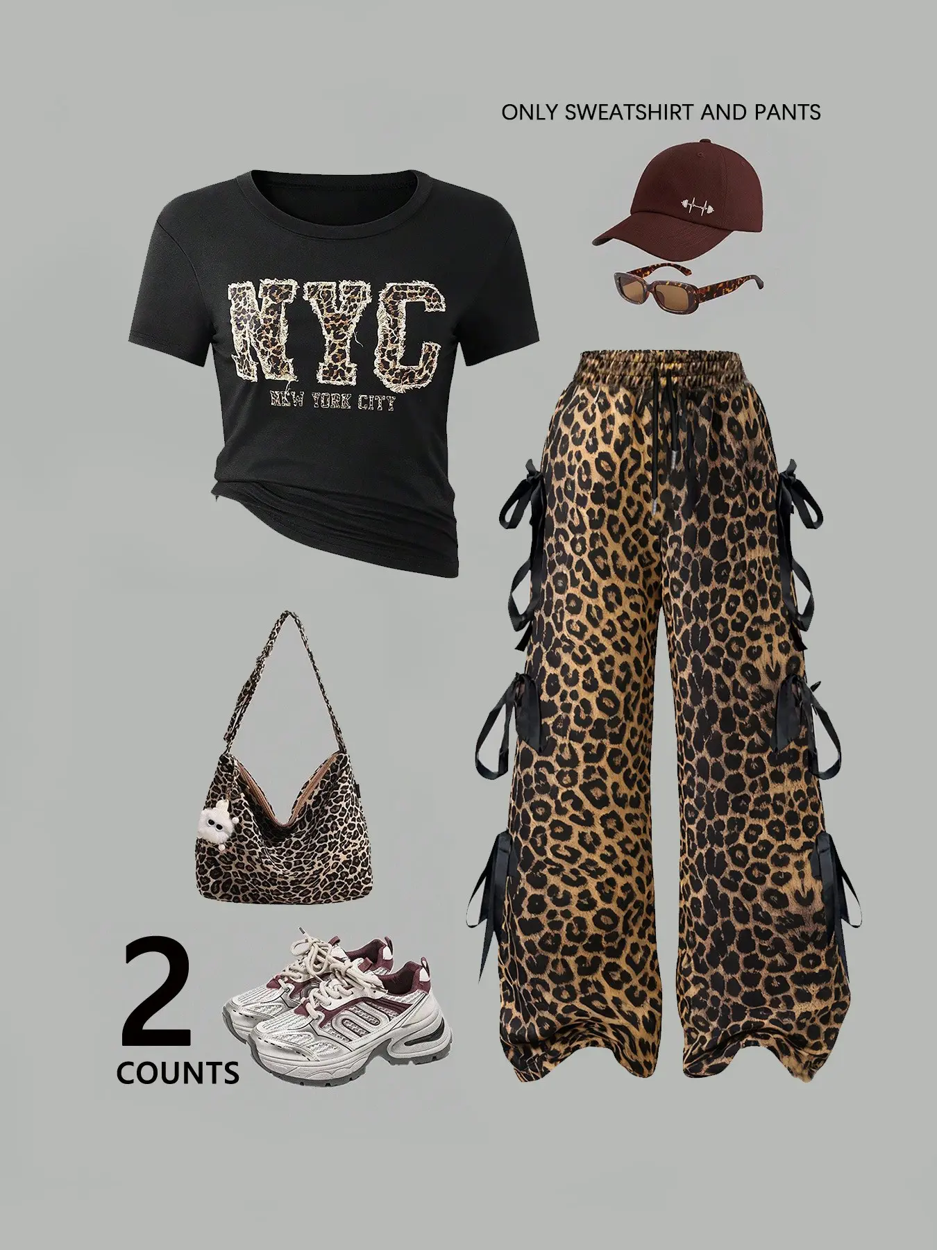 Women's 2-Piece Set: NYC Letter Print Short-Sleeve T-Shirt + Leopard Print Bow-Detail Wide-Leg Pants (Y2K Casual Outfit)