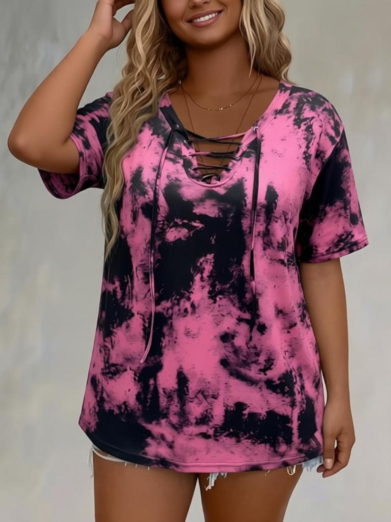Plus Size Women's Tie Dye Print Front-Tie Adjustable Top, Casual Stretch Beachy Tee with Comfortable Fabric, Ideal for Daily Wear and Gifting