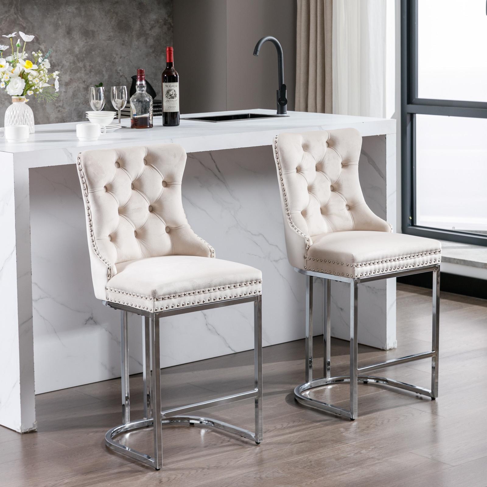 Set of 2 Velvet Bar Stools 26" Counter Height - Button-Tufted Back with Chrome Metal Base, Farmhouse Kitchen Island Stools