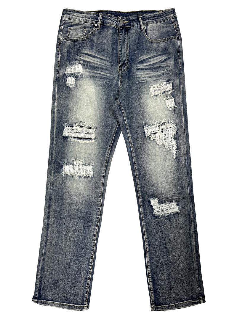 Men's High Street Fashion Jeans, Tight-Fitting Washed Denim Jeans, Versatile Street Style, Essential Clothing for Men, Ripped Jeans