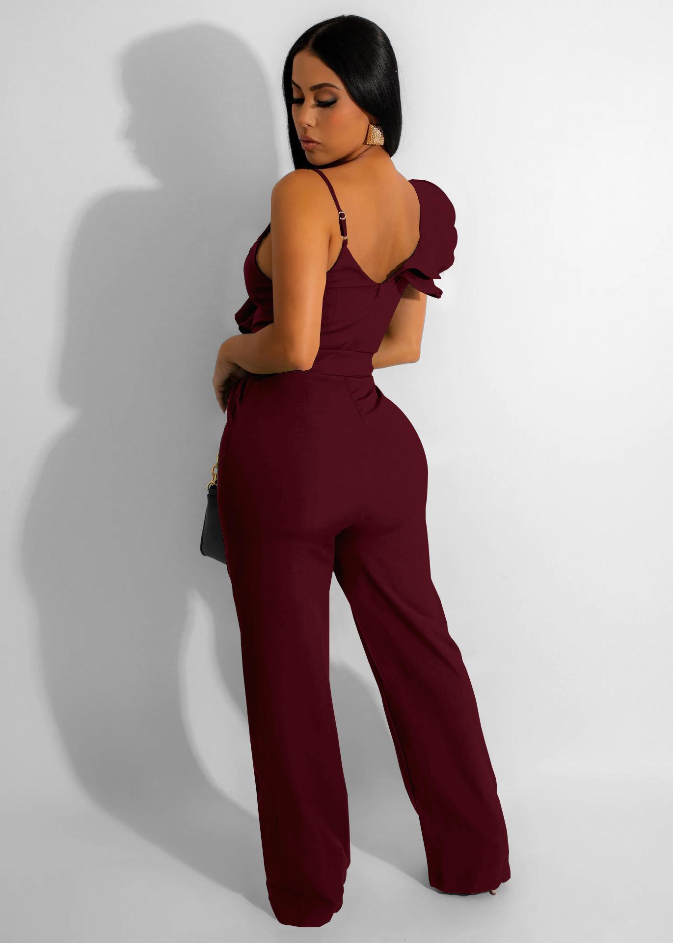 USBoutique Chic Women's Black One Shoulder Ruffled Top& Wide Leg Pants Jumpsuit, Casual Summer Romper, Trendy 2025 Outfit