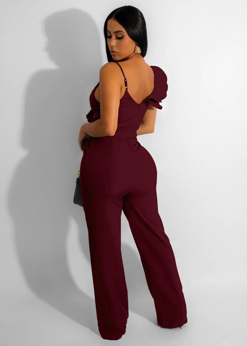 USBoutique Chic Women's Black One Shoulder Ruffled Top& Wide Leg Pants Jumpsuit, Casual Summer Romper, Trendy 2025 Outfit