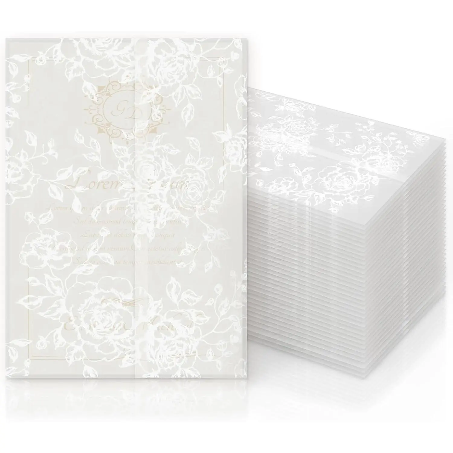Vellum Jackets for 5x7 Envelopes for Invitations Wedding Envelopes Vellum Paper Kit Sleeves Pre-Folded Floral Wraps Jacket Wildflower for Craft (White Rose, 50)