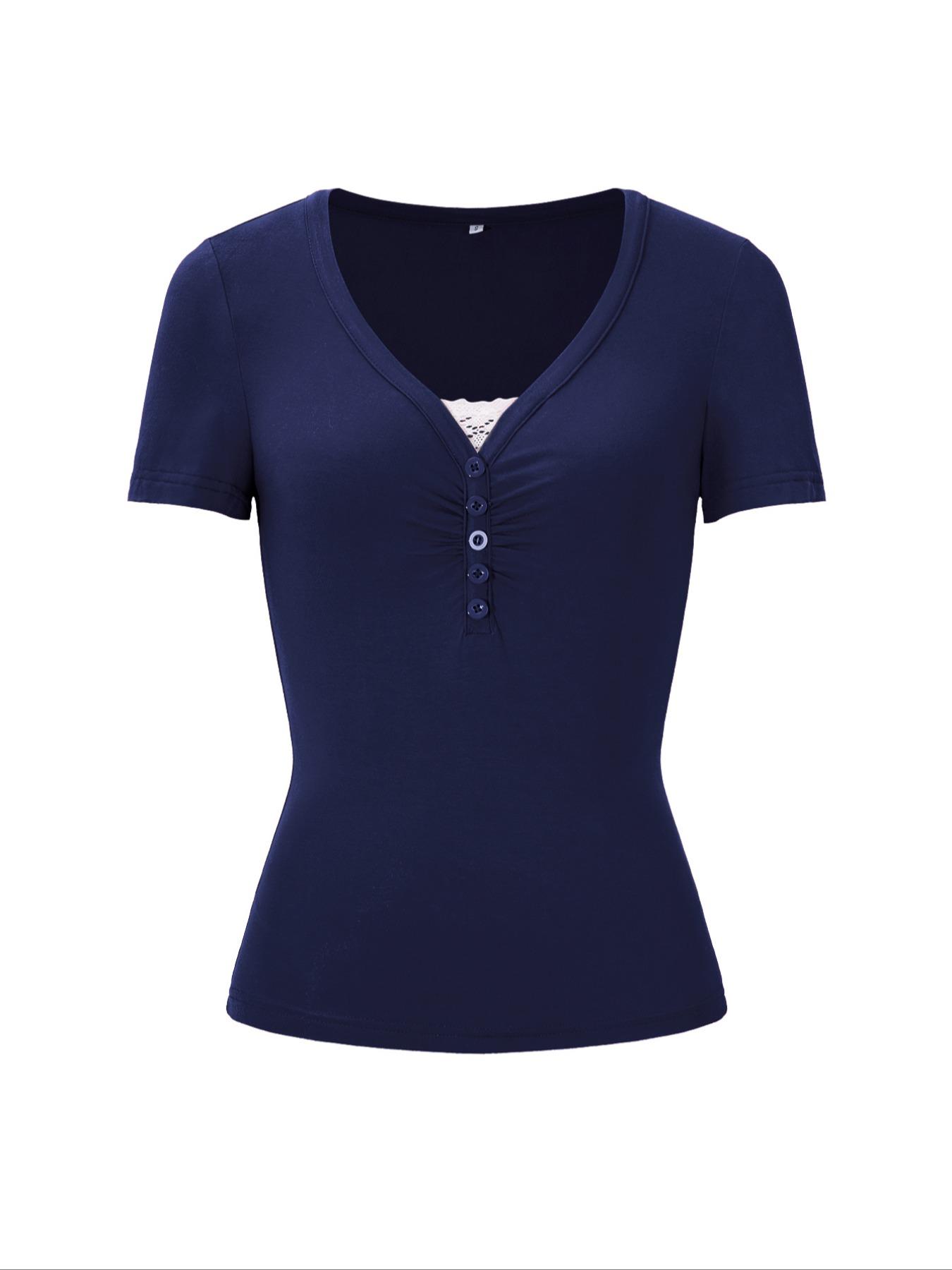 Spring Summer Y2K Style Sweet Spicy Solid Color Fitted Lace Patchwork V-Neck Short Sleeve T-Shirt, Women's Fashion Top