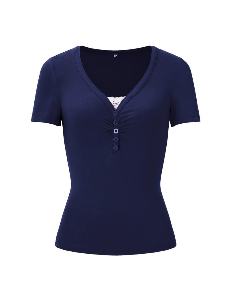 Spring Summer Y2K Style Sweet Spicy Solid Color Fitted Lace Patchwork V-Neck Short Sleeve T-Shirt, Women's Fashion Top